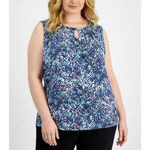 Kasper Women's Printed Pleated Keyhole-Neck Top Vanilla Ice Multi Plus Size 3X